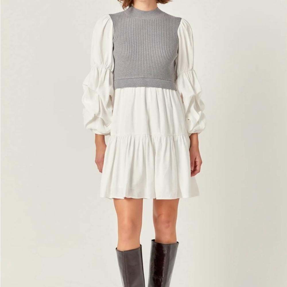 Heather Gray and White English Factory Mixed Media Mini Dress